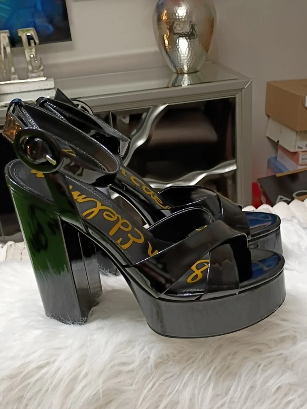 New Sam Edelman Savannah Black Patent Platform Block-Heel Sandals 10